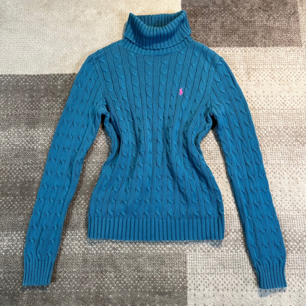 Ralph Lauren Sport Womens Teal Cable Knit Turtleneck Sweater Pink Pony Size M